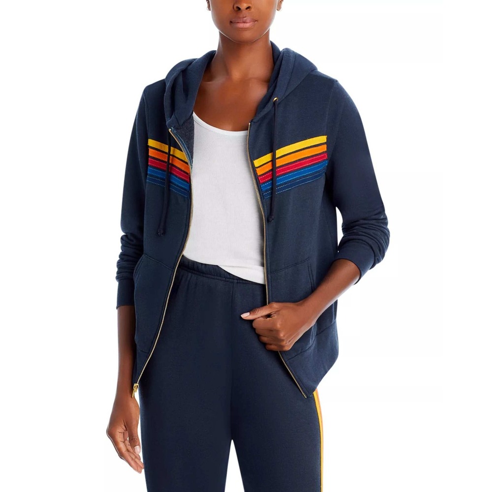 Aviator Nation 5 Stripe Zip Hoodie XL Navy Rainbow Full Zip